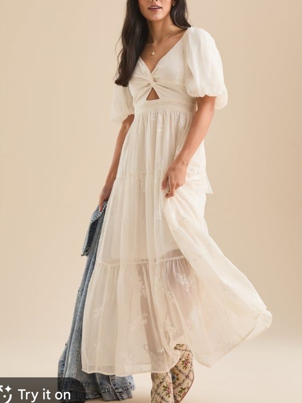 Altar’d State Ethereal Cream Puff-Sleeve embroidered Maxi Dress boho fairy